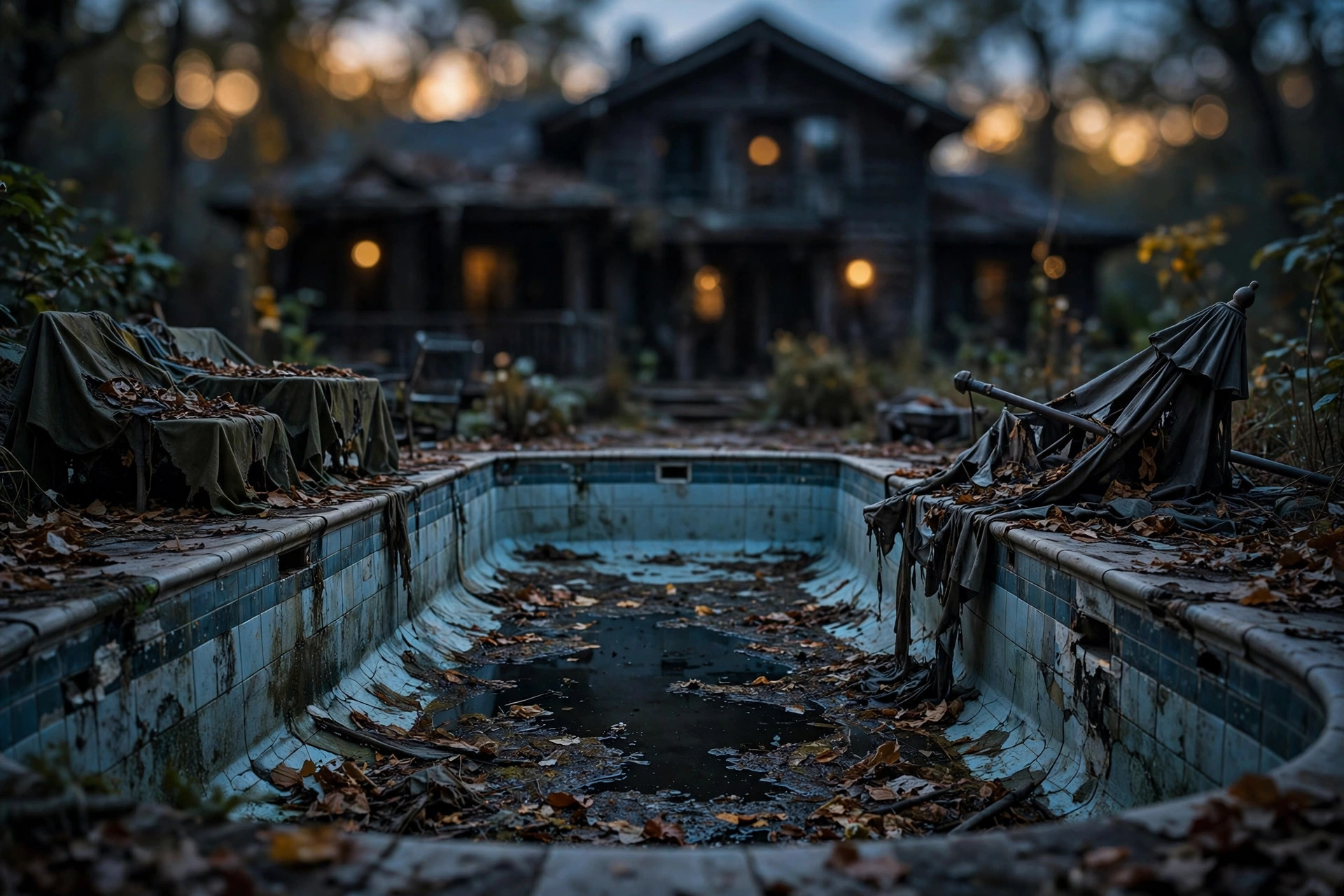 True Horrors of Real Estate Investing: The Rental That Got Banned 1 A drained pool with rotting covered furniture at dusk