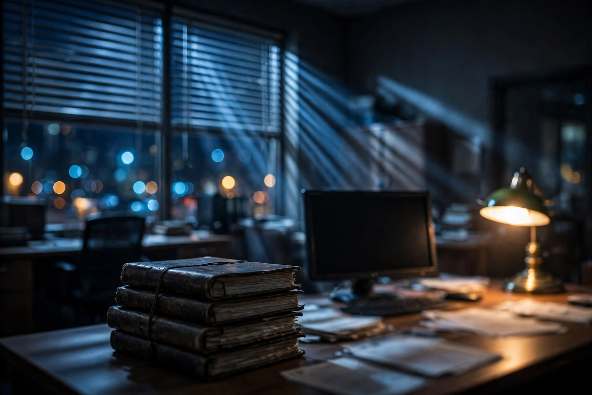 An empty leasing office at night, ledgers stacked on a desk