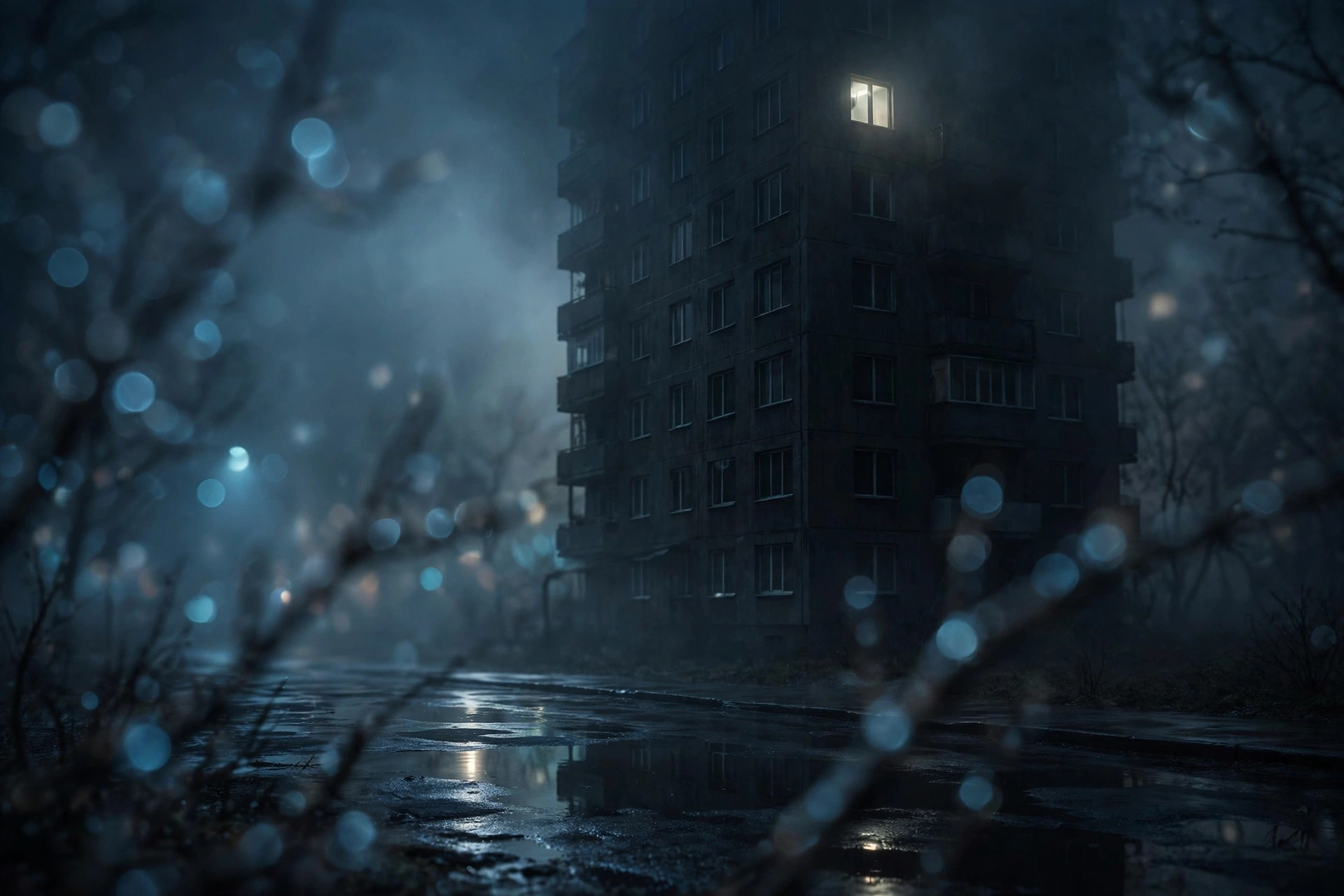 A dark apartment building at night with one lit window