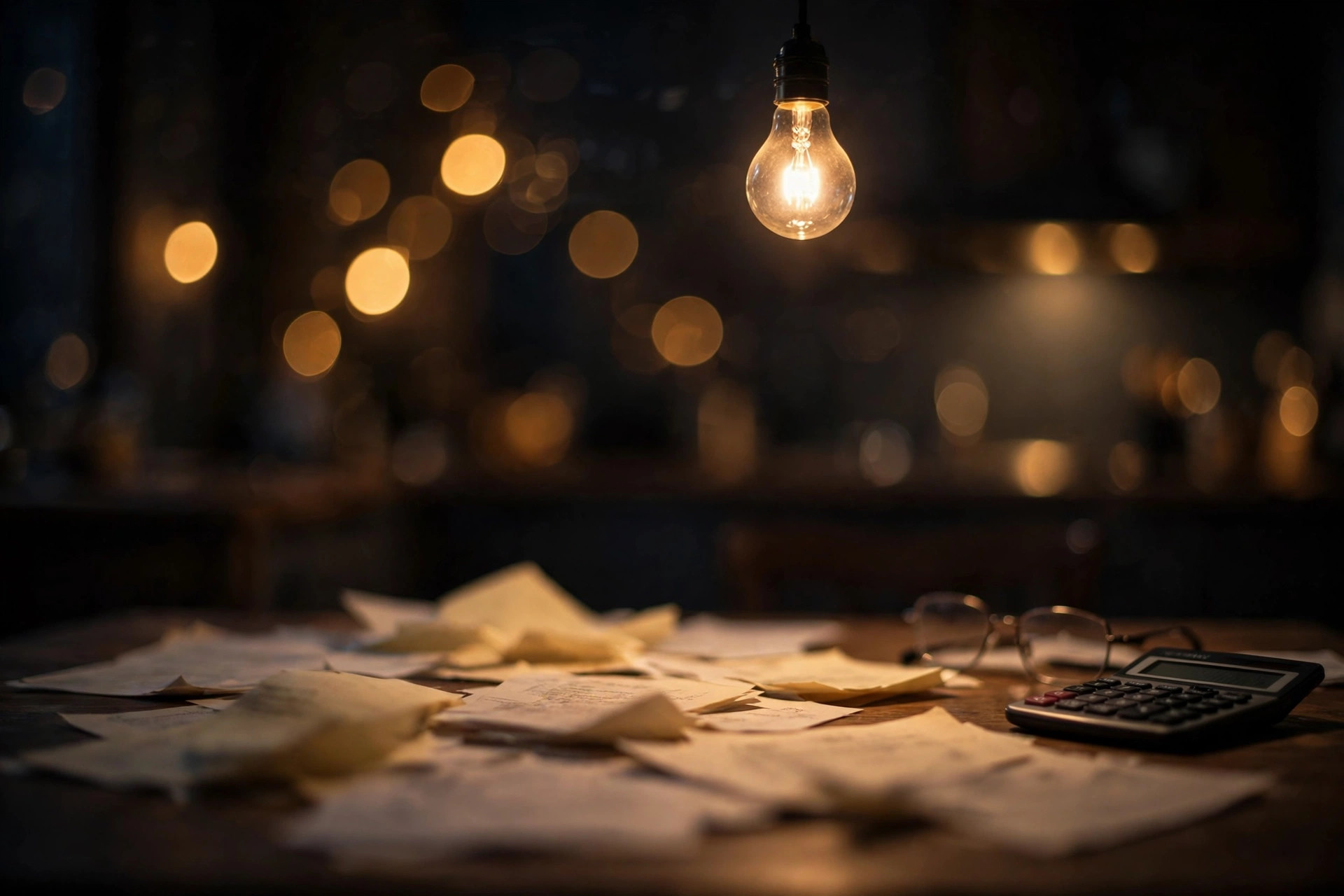 A kitchen table covered with rent receipts and bank statements under a bare bulb