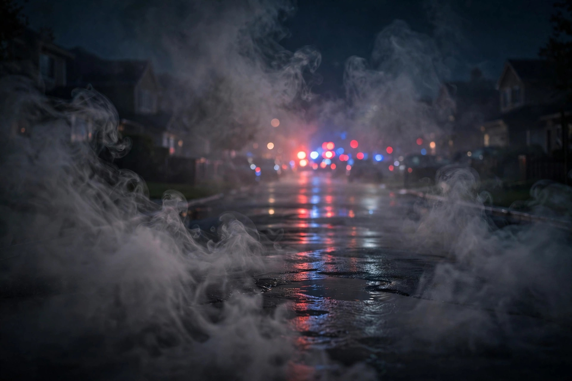 A suburban street at night lit by distant emergency lights through smoke