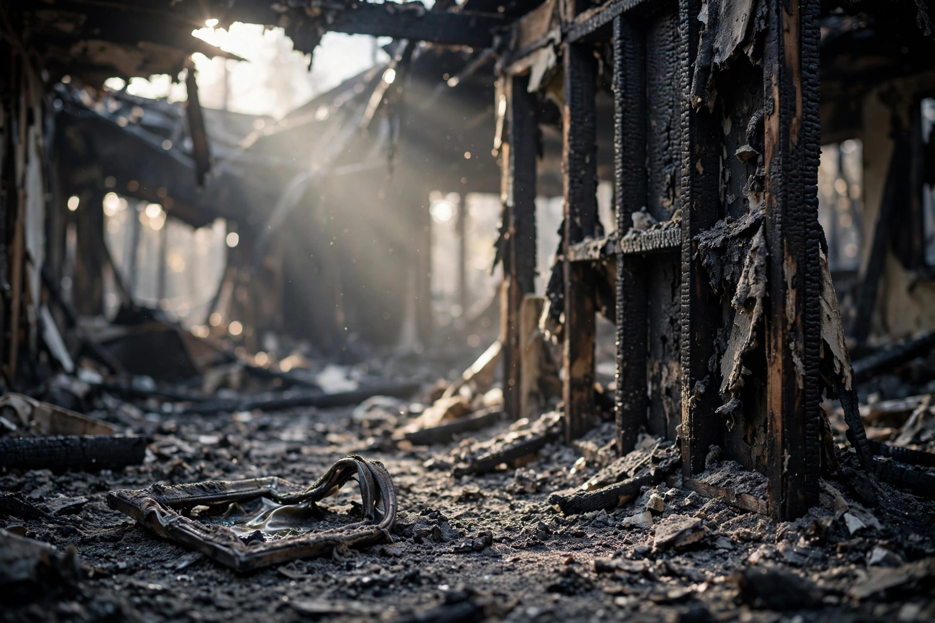A charred room interior, one wall standing, morning light through a broken roof