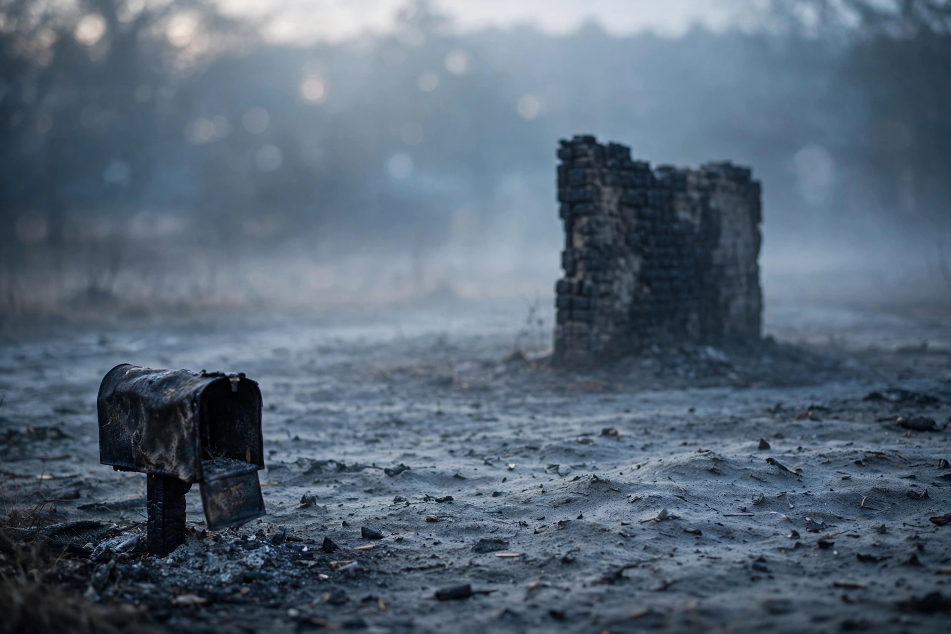 Cold ashes and a blackened standing wall at dawn