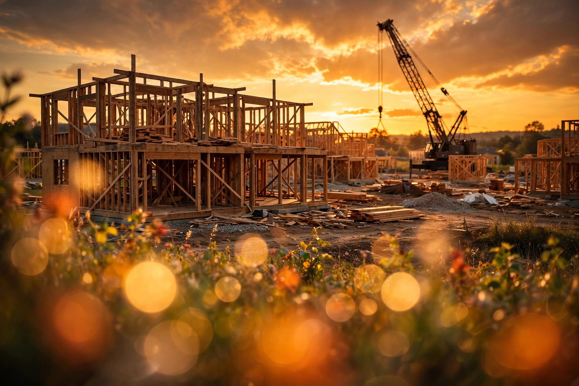 How the 2026 Election Season Could Reshape the U.S. Real Estate Market 3 Wood framing of new homes under construction at sunset