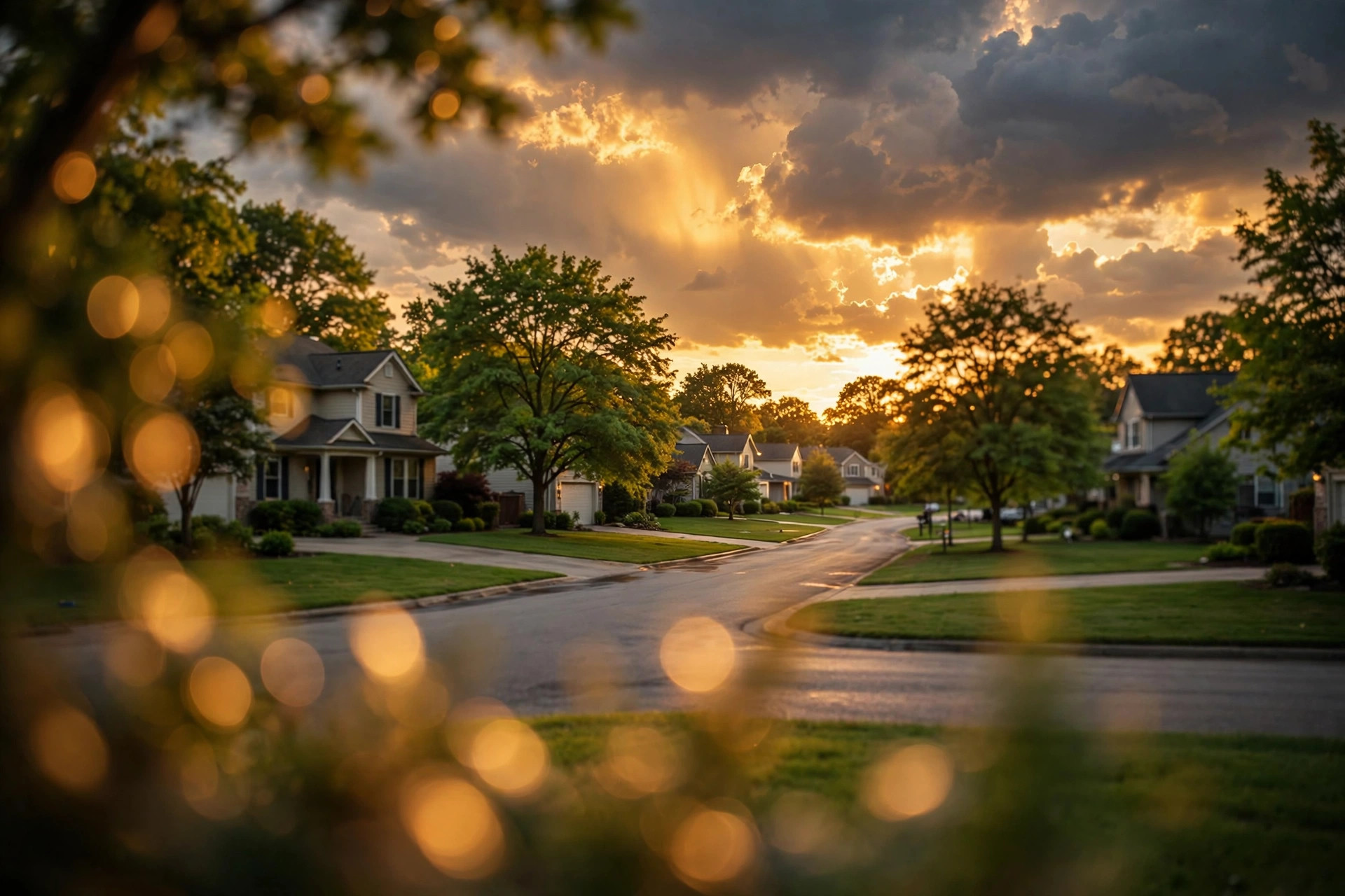 How the 2026 Election Season Could Reshape the U.S. Real Estate Market 2 Single-family homes on a quiet American suburban street at golden hour