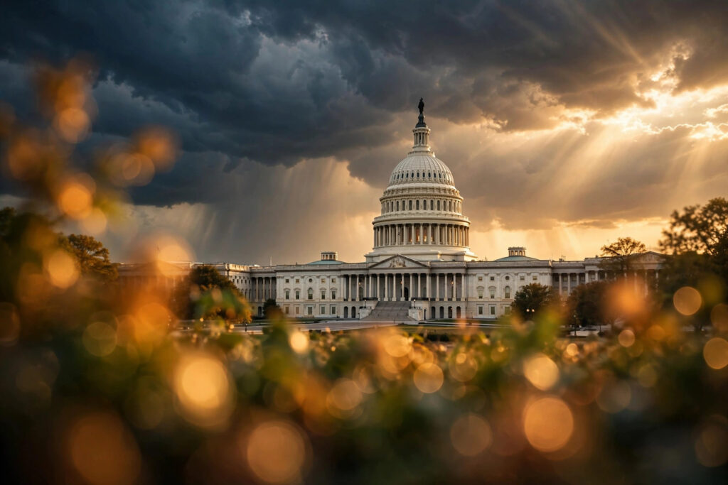 The United States Capitol building at golden hour under a dramatic sky