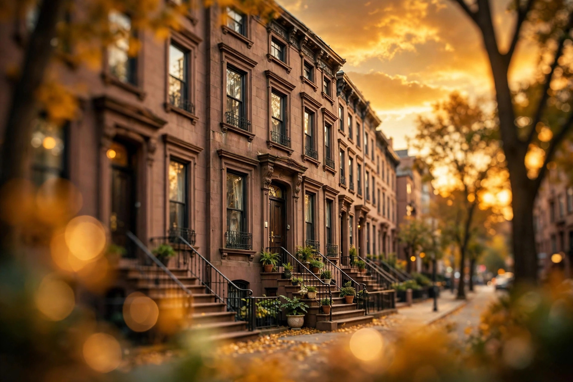 Brooklyn brownstone townhouses on a tree-lined street at golden hour