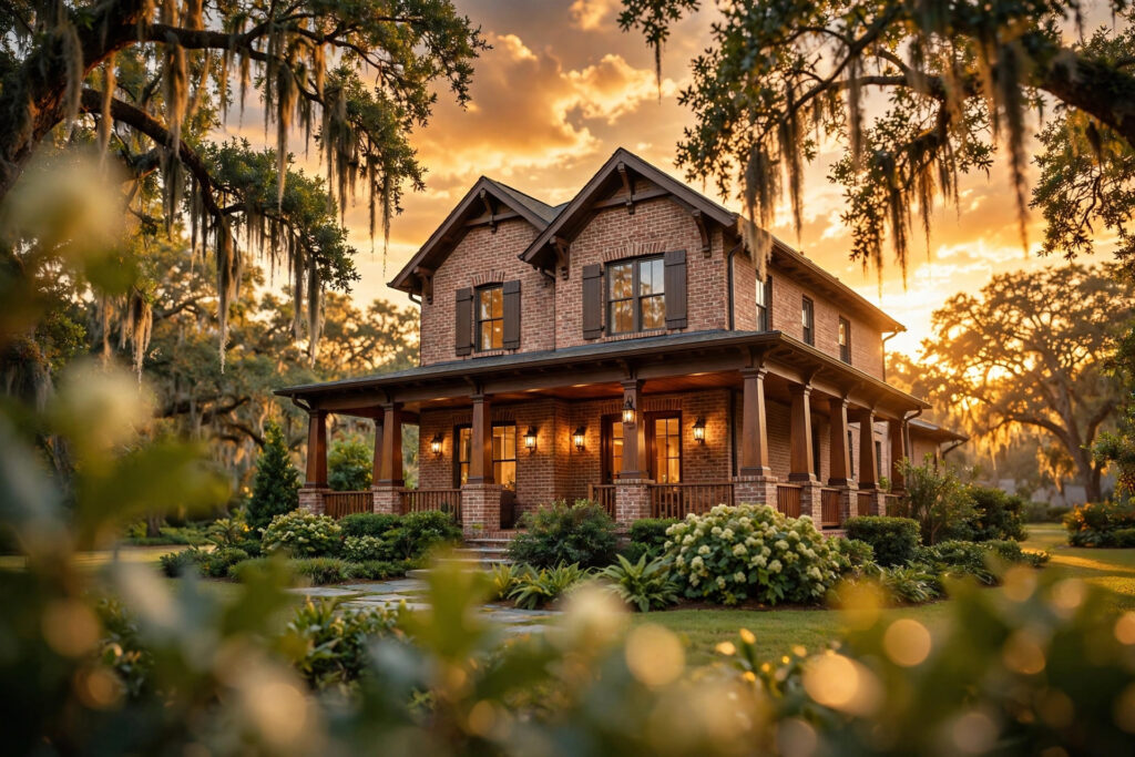 Houston brick craftsman home at golden hour with live oak trees, Boost Houston Property Value With Expert Plumbing Services