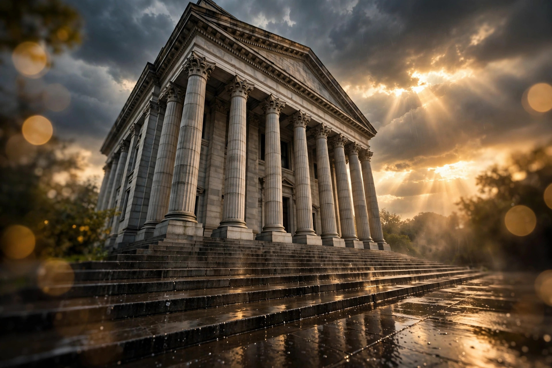 NYC's Rent Freeze Is Live, and Brooklyn Landlords Are Fighting It in Court 3 A New York City courthouse with stone columns in dramatic golden light