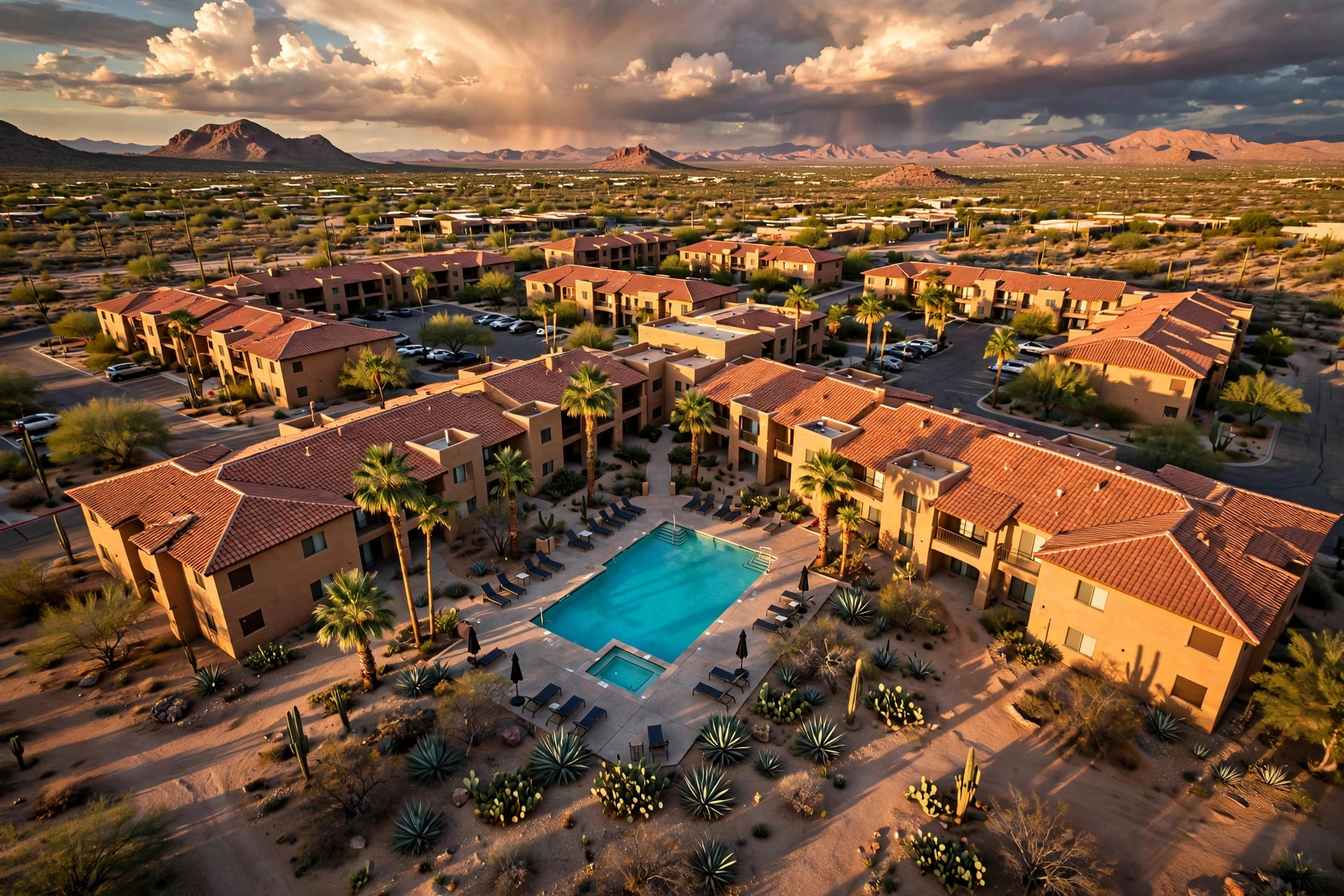 Sellers Now Outnumber Buyers by 63%. That Has Never Happened Before. 1 Aerial view of a desert apartment complex with a pool courtyard at golden hour