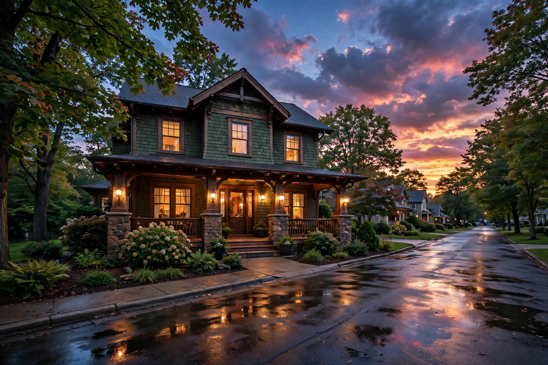 Craftsman style home with a wide front porch at dusk after rain