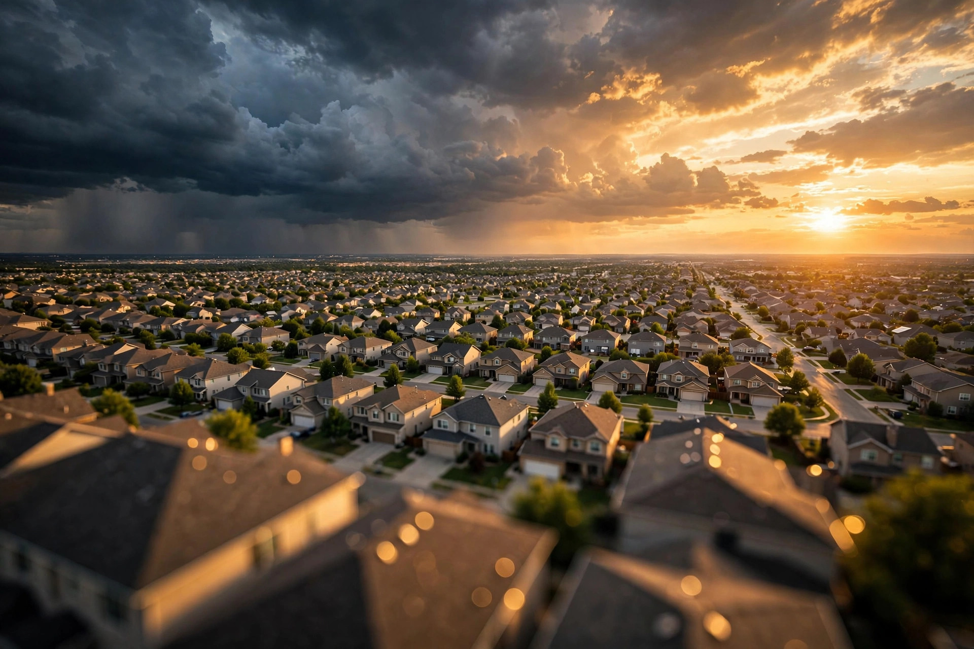 Endless suburban neighborhood under a dramatic split sky of storm clouds and sunset