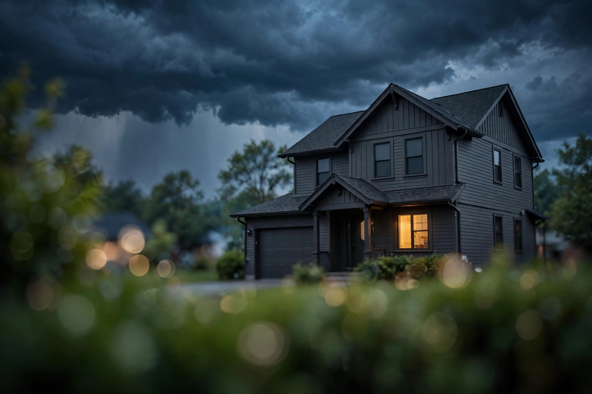Single suburban home at dusk under storm clouds with heavy bokeh in the foreground