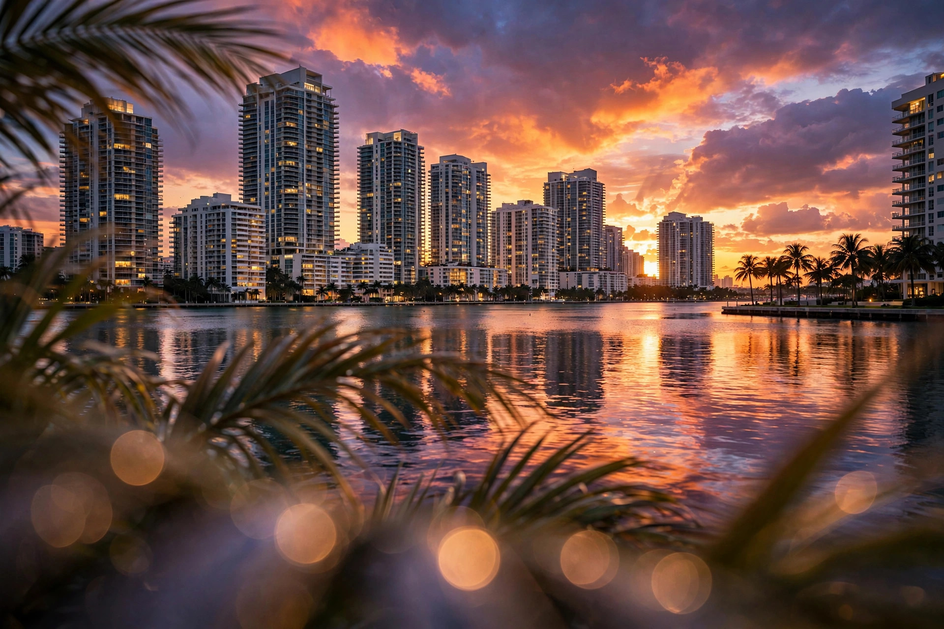 Miami condominium towers and palm trees along the water at sunset with bokeh foreground