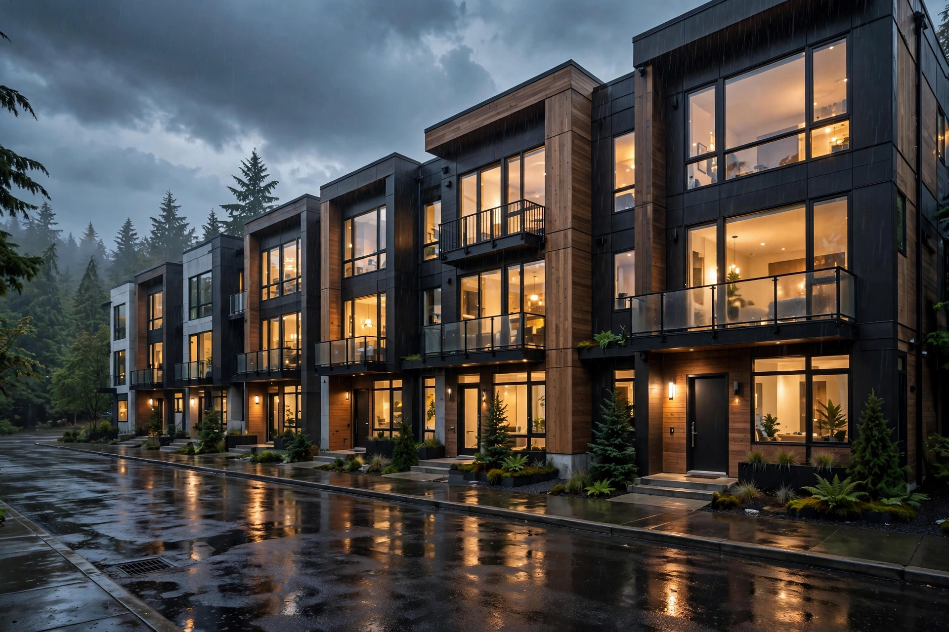 Sellers Now Outnumber Buyers by 63%. That Has Never Happened Before. 2 Modern townhomes on a wet street at twilight in the rain